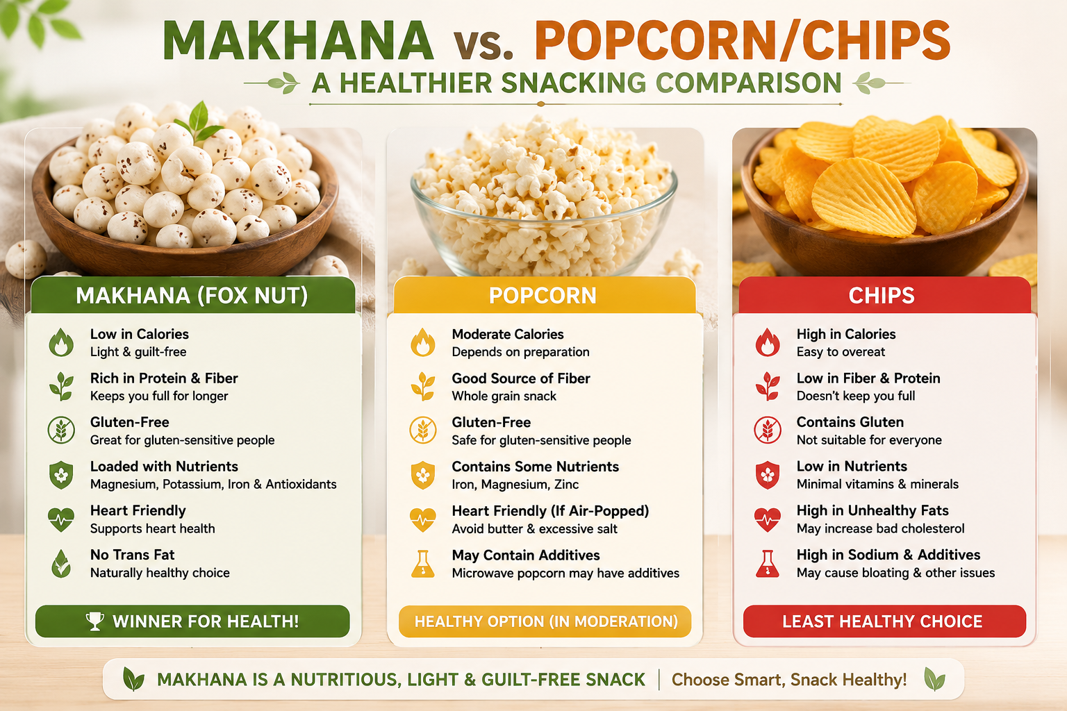 Makhana vs. Popcorn/Chips: A Healthier Snacking Comparison