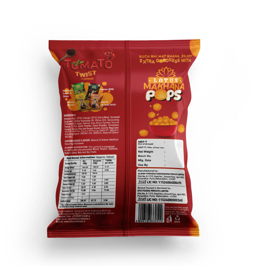 Lotus Makhana Pops Tomato Twist  Flavour 50g - Pack Of 3