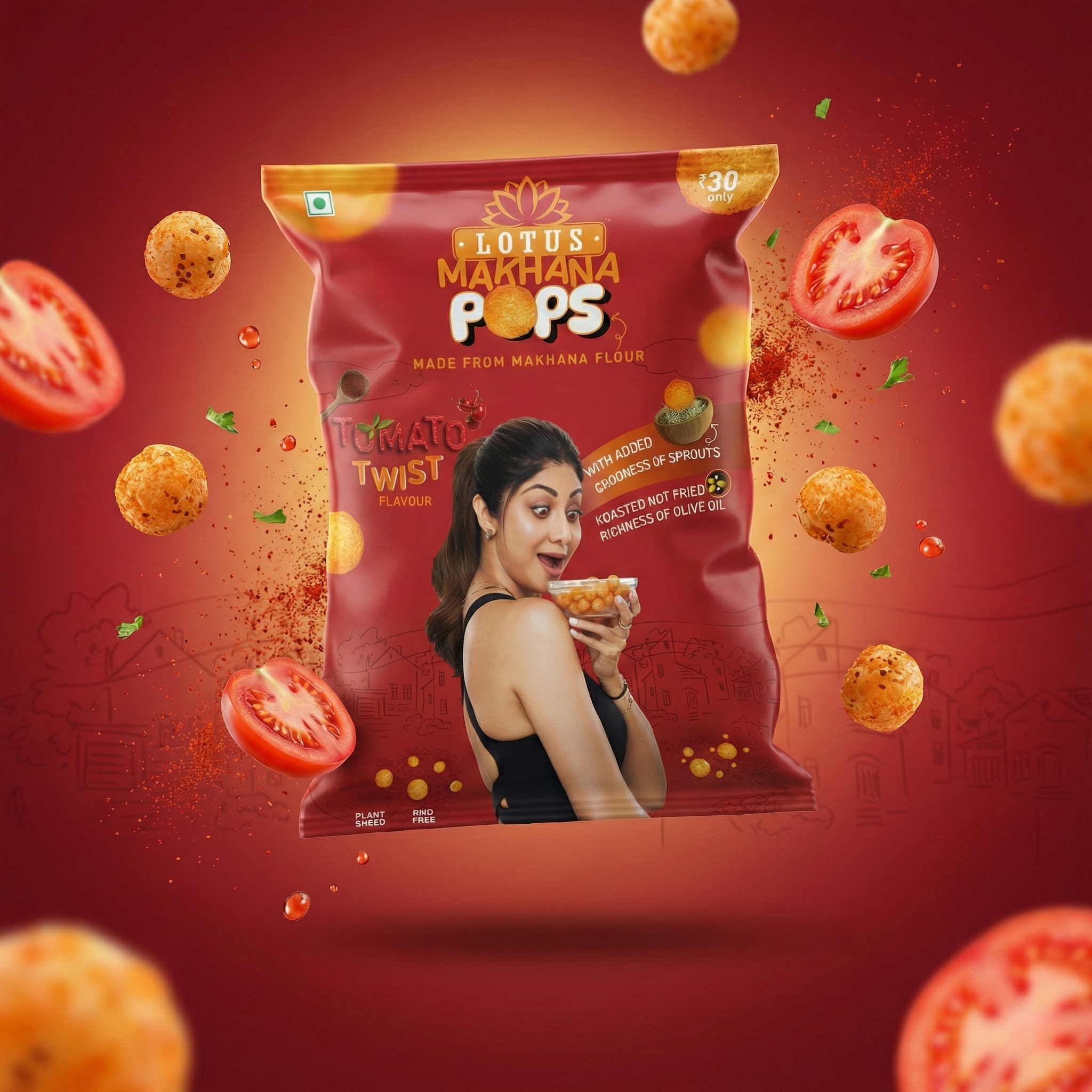 Lotus Makhana Pops Tomato Twist  Flavour 50g - Pack Of 3
