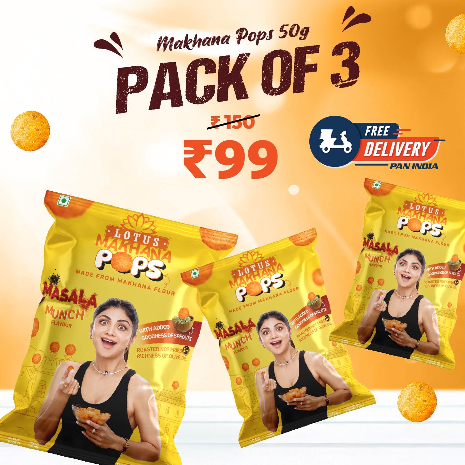 Lotus Makhana Pops Masala Munch Flavour 50g - Pack Of 3