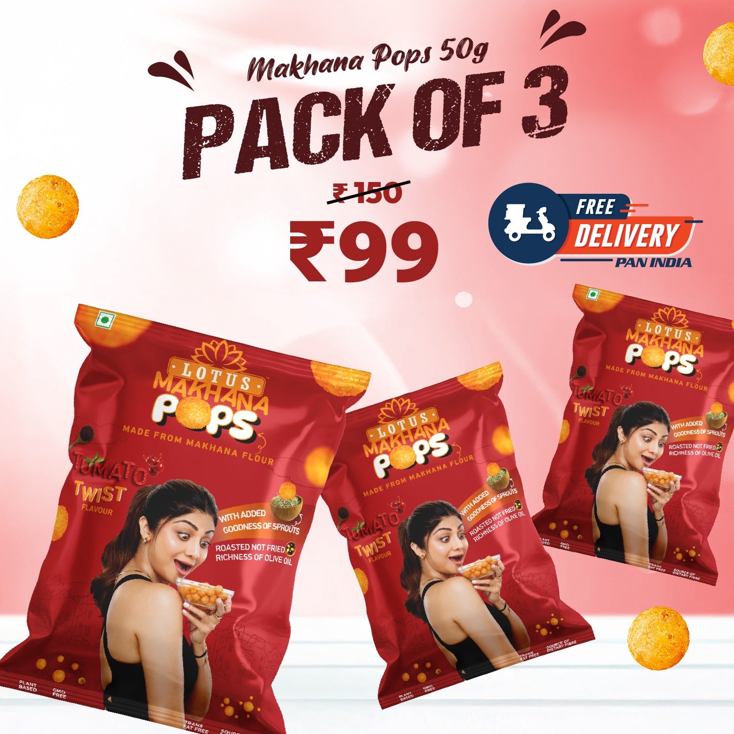 Lotus Makhana Pops Tomato Twist  Flavour 50g - Pack Of 3