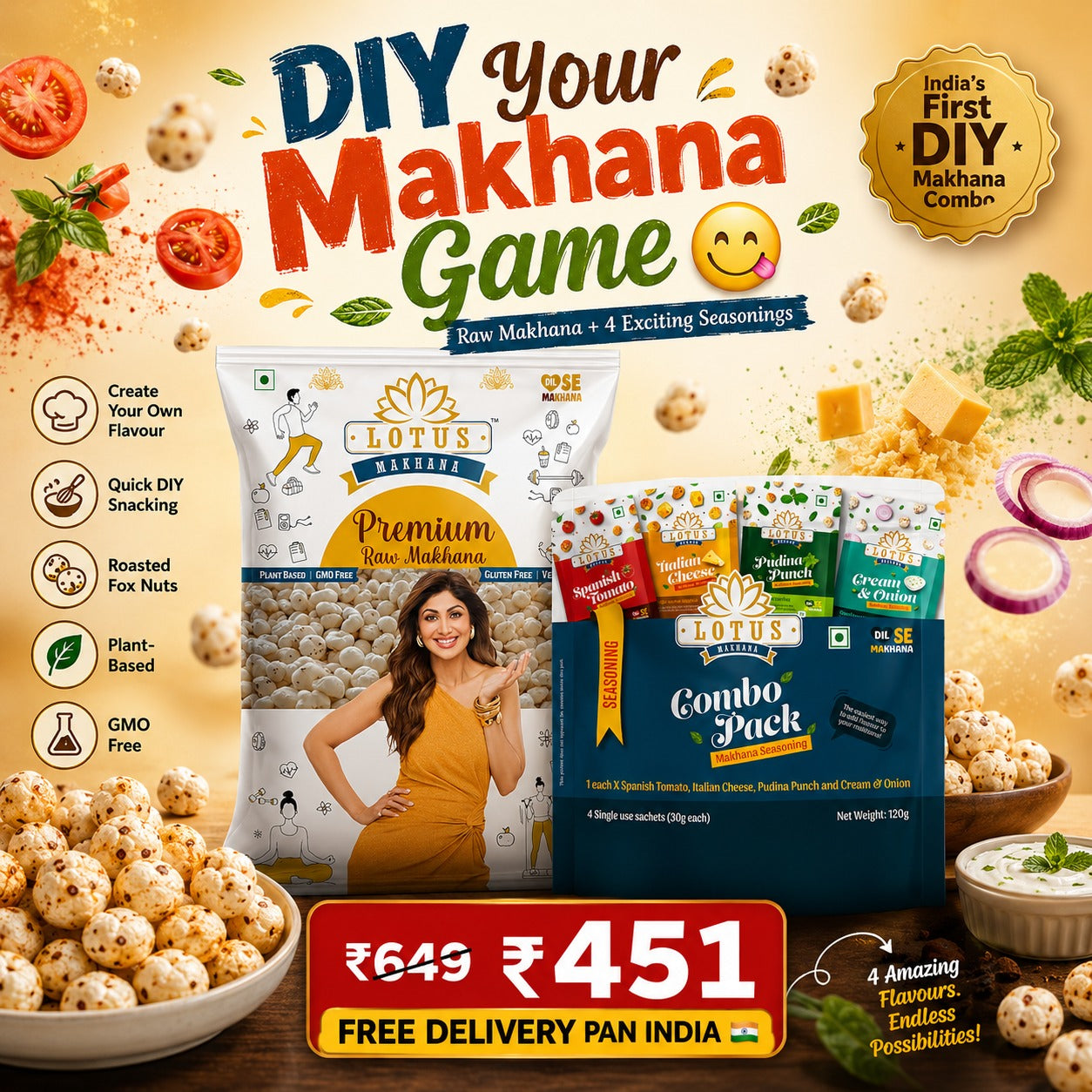 Lotus Makhana DIY Combo : Premium Raw Makhana 250g + Seasoning Combo Pack