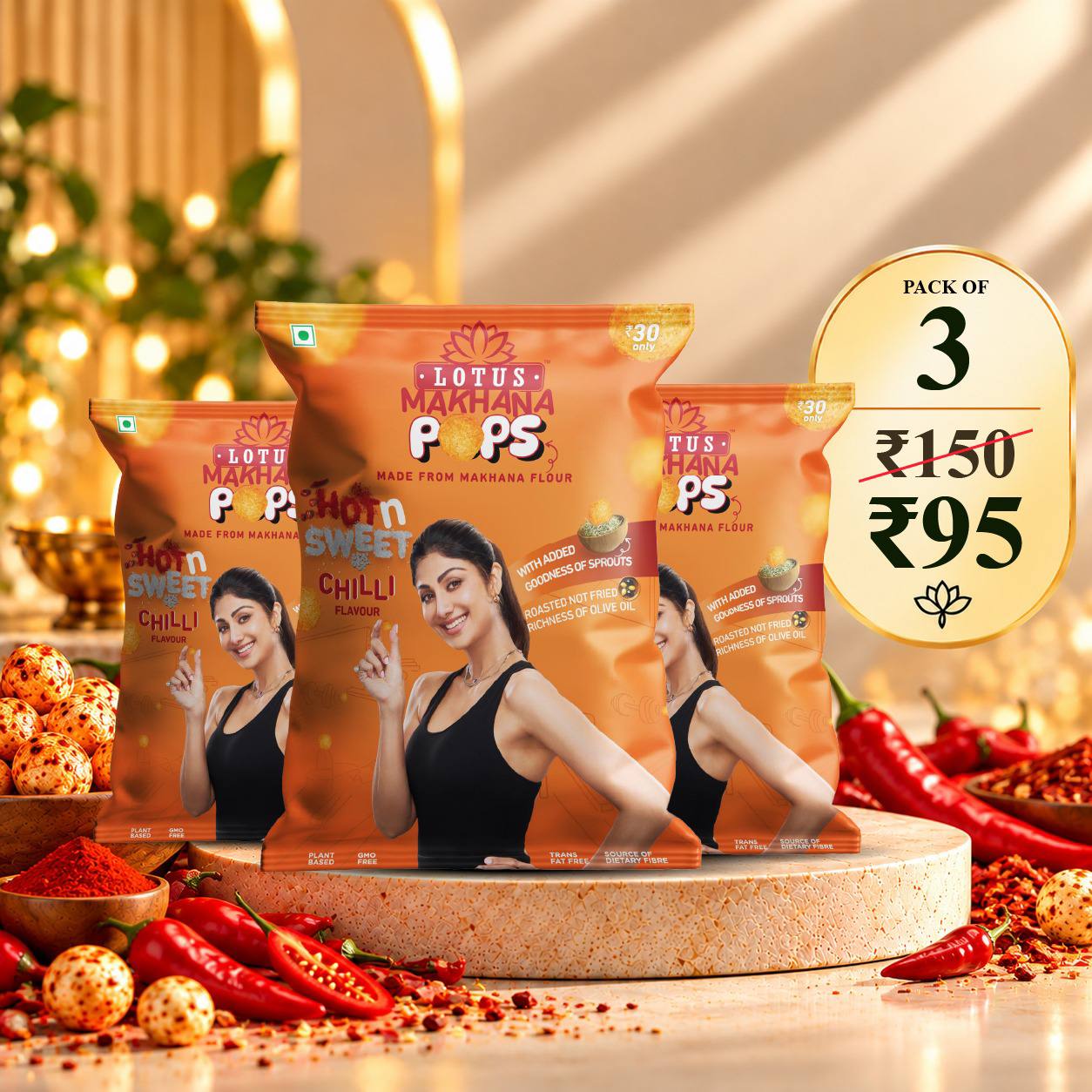 Lotus Makhana Pops Hot n Sweet Chilli Flavour - pack of 3