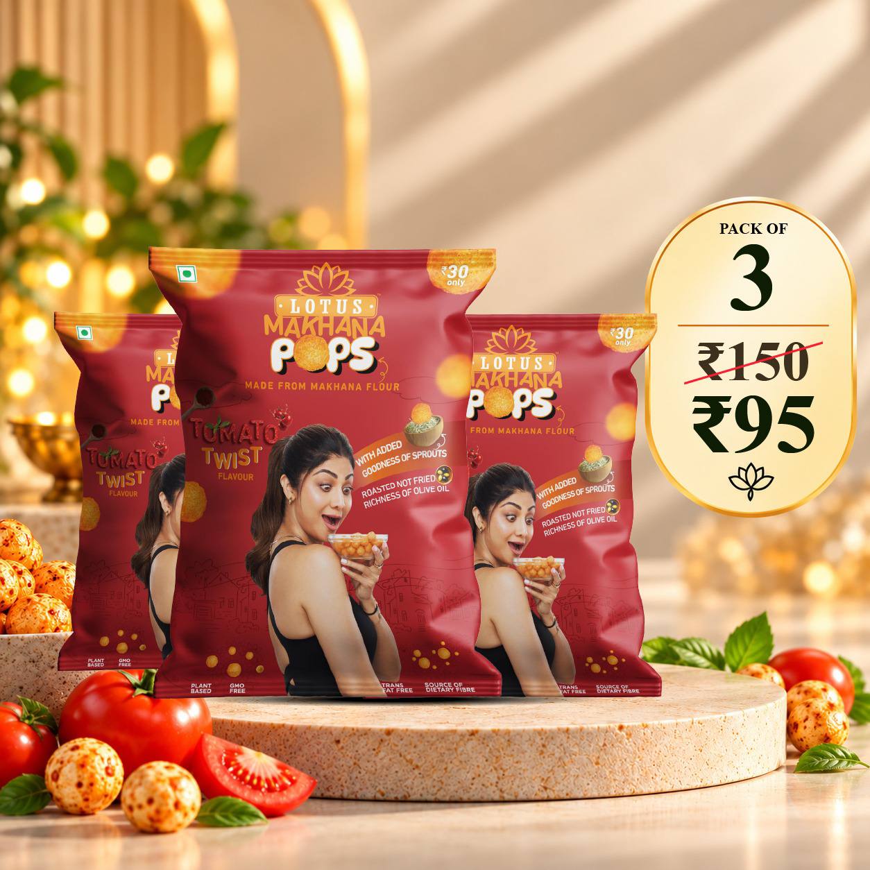 Lotus Makhana Pops Tomato Twist  Flavour 50g - Pack Of 3